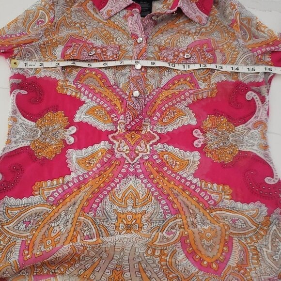INTERNATIONAL Concepts Blouse Top Tropical Chiffon Diamon Buttons Size S - Picture 11 of 12